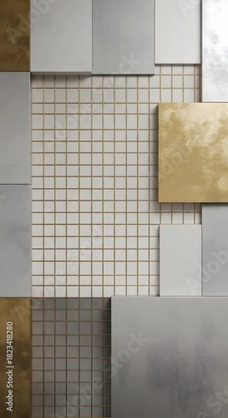 Fototapeta Abstract composition featuring a grid pattern overlaid with metallic and matte squares in gold, silver, and white tones.