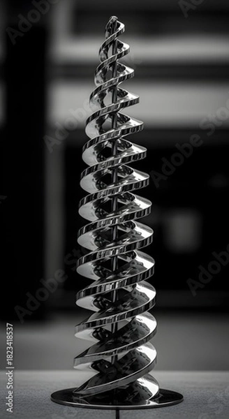 Fototapeta A shiny, metallic, spiral sculpture stands on a surface, reflecting light in a monochromatic, blurred background.
