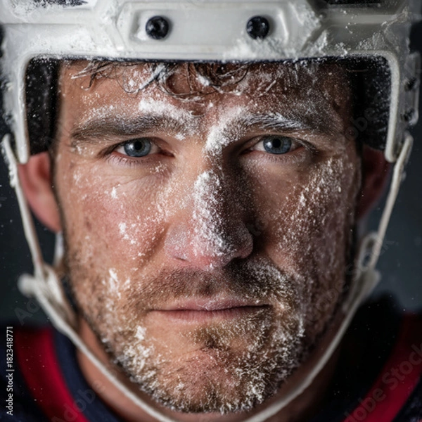Fototapeta Portrait of 1990s Hockey Player in White Helmet with Cold Studio Lighting