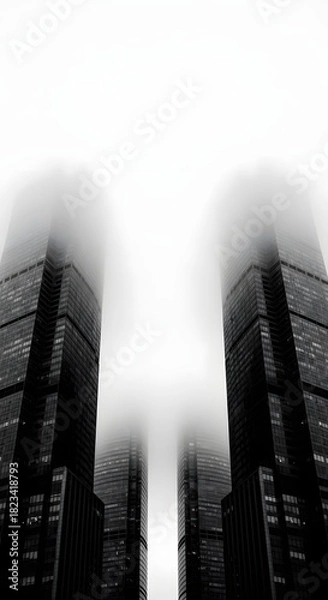 Fototapeta Low angle view of tall skyscrapers disappearing into heavy fog, creating a symmetrical and mysterious urban landscape.