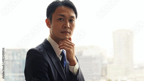 Obraz 都市のオフィスビルで考えるビジネスマン