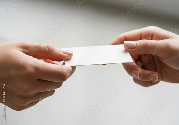 Fototapeta A close-up shot of two individuals exchanging a blank business card