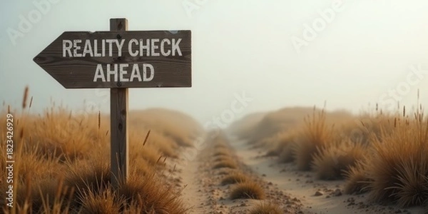 Fototapeta Wooden signpost on a path ahead indicating a reality check is coming soon
