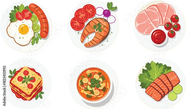 Fototapeta Set of Delicious Main Courses and Meals Top View Vector Illustrations, Including Steak, Salmon, Fried Egg, Sausage, Lasagna, and Soup for Restaurant Menu Design.