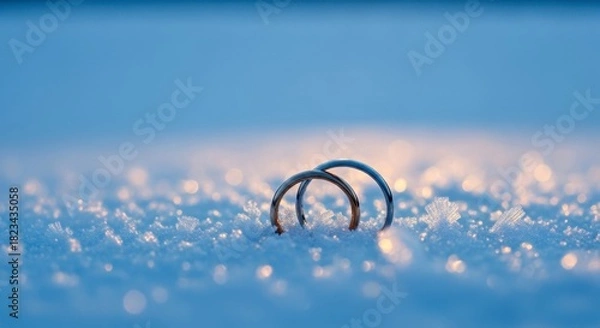 Fototapeta Two elegant wedding rings resting on a bed of soft snow, glistening under gentle light, symbolizing love and commitment in a serene winter setting