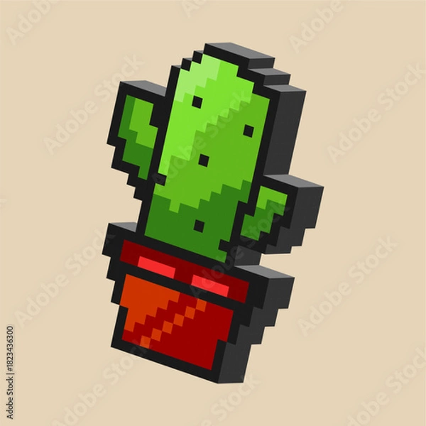 Fototapeta 3D Pixel Cactus In Pot. Cute 3D pixel cactus in red pot with simple block style for decorative plant themed digital illustration