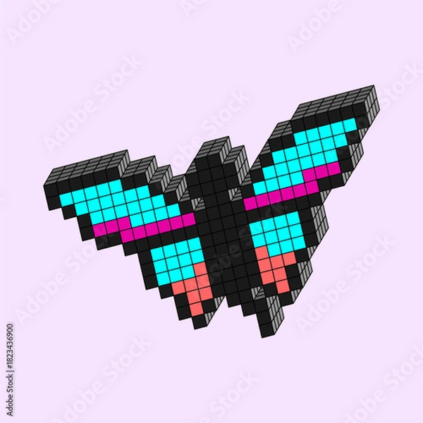 Fototapeta Colorful 3D Pixel Butterfly. Vibrant 3D pixel butterfly with bright wings in decorative block style for fantasy nature themes and creative digital art