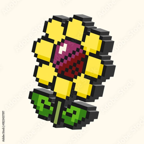 Fototapeta 3D Pixel Sunflower With Red Center. Bright 3D pixel sunflower with yellow petals, red center, and green leaves in cheerful voxel block style for decorative floral digital artwork
