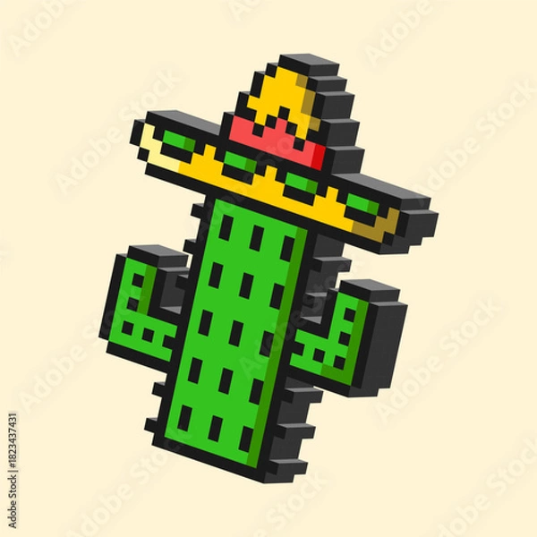 Fototapeta 3D Pixel Cactus With Hat. Whimsical 3D pixel cactus wearing a hat in colorful block style for playful desert themed digital illustration