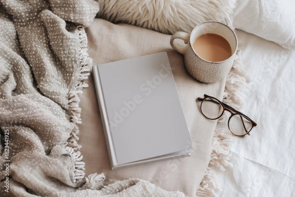 Fototapeta Cozy scene with notebook, glasses, and cup of coffee on soft blanket, creating warm and inviting atmosphere