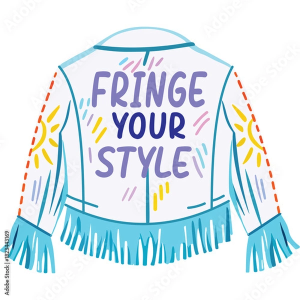 Obraz White Fringed Jacket With Colorful Text Saying Fringe Your Style And Decorative Sun Motifs On Sleeves