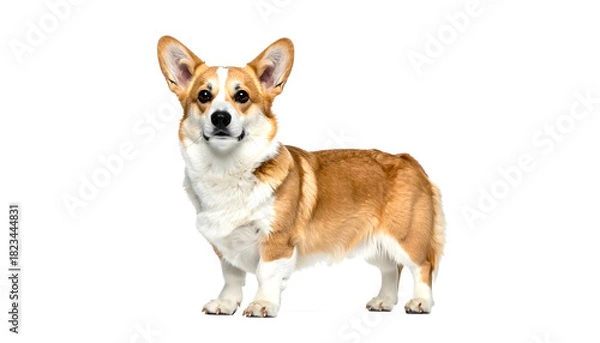 Fototapeta Pembroke welsh corgi standing attentively with its short legs on white background