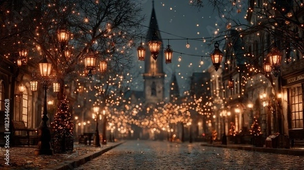 Fototapeta Festive street illuminated by lanterns and frost a cozy family gathering with christmas trees and enchanting church bells