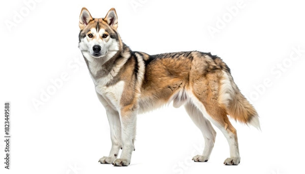Fototapeta Siberian husky standing alert looking forward on a plain white backdrop