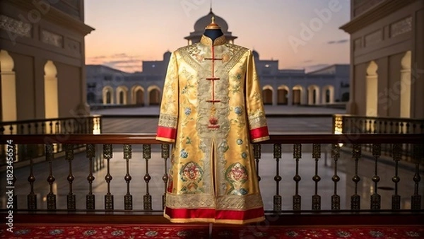Obraz Ornate golden imperial chinese robe displayed on mannequin with palace background