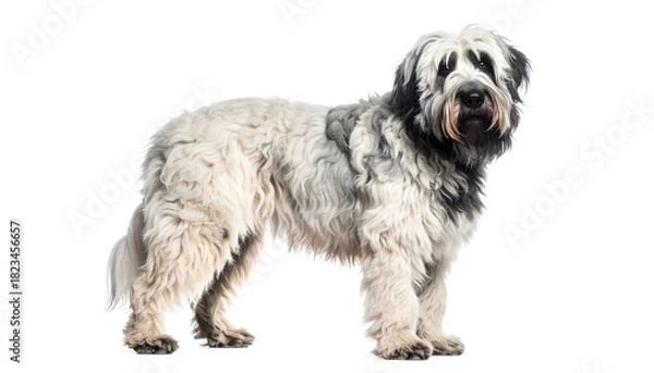 Fototapeta Catalan sheepdog standing alert with fluffy gray and black fur on white background