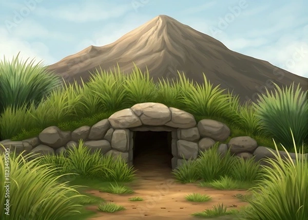 Obraz Ancient stone dwelling entrance nestled in grassy hillside with mountain backdrop