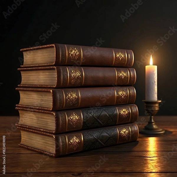 Obraz Stack of old leather bound books illuminated by a single candle