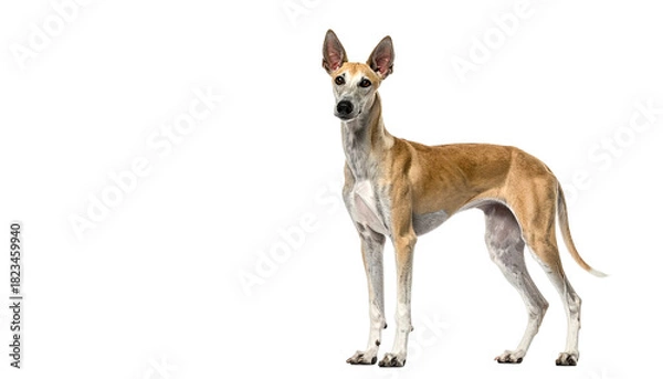 Fototapeta Elegant podenco canario standing attentively with slender build against white backdrop