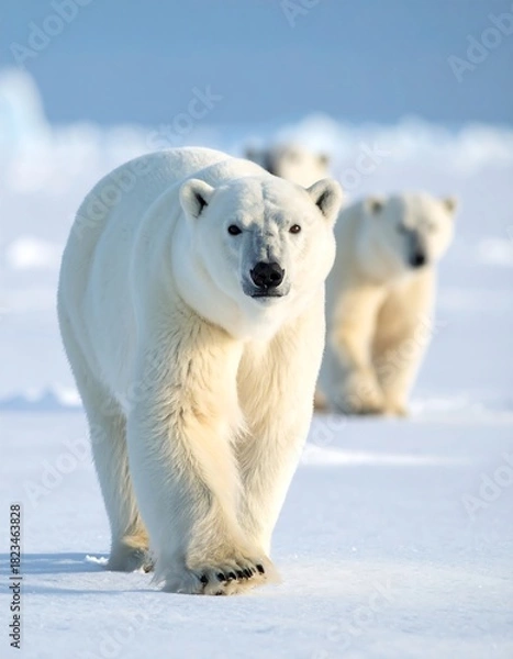 Fototapeta Three polar bears walking across an icy, snowy landscape