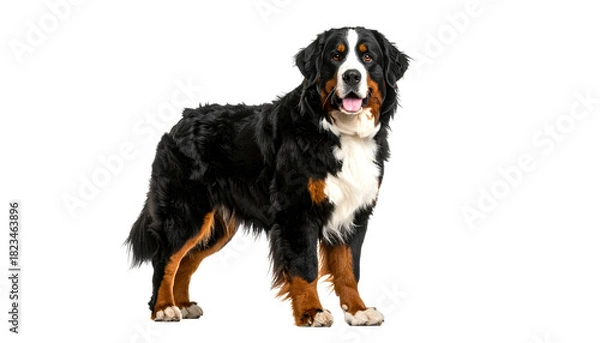 Fototapeta Bernese mountain dog standing alert with fluffy fur against white background