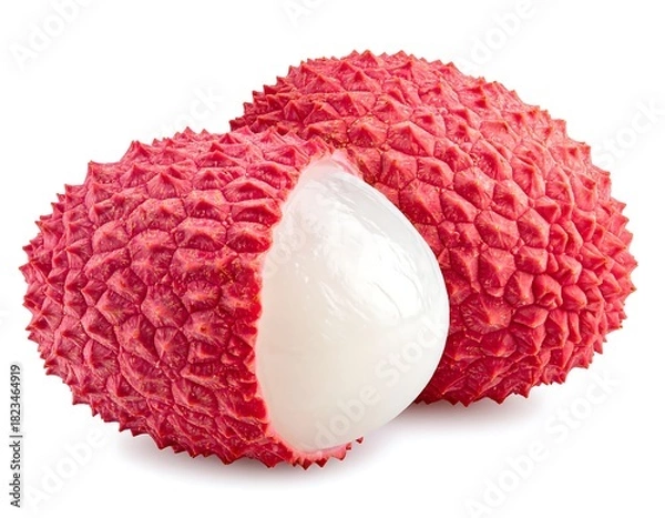 Obraz Two fresh lychees, one partially peeled to show the white fruit