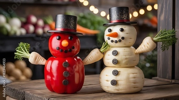 Obraz Festive vegetable snowmen with carrot arms and hats on a wooden surface snowman vegetables