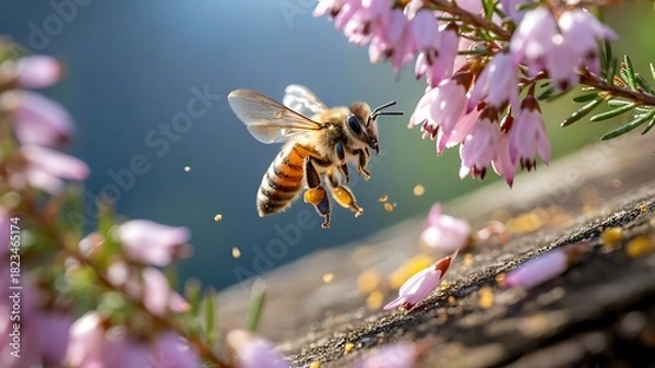 Fototapeta Honey bee in flight collecting pollen from pink heather flowers with blurred background insect flying