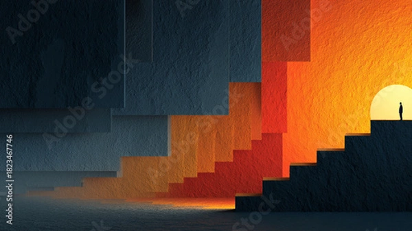 Fototapeta Abstract Gradient Illustration of Impossible Staircase Unfolding from Hidden Space to Light, Deep Navy to Amber, Surreal Digital Art