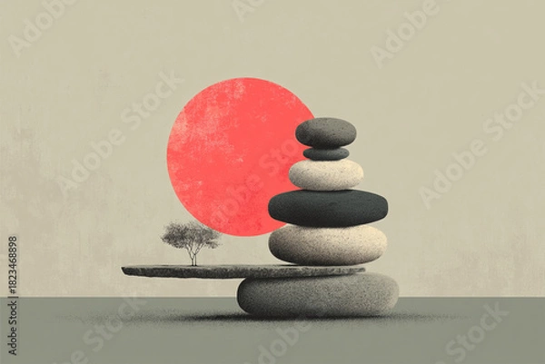 Fototapeta Minimalist Illustration of Balanced Stone Stack with Floating Stone, Sage and Coral Gradient, Zen Surreal Concept