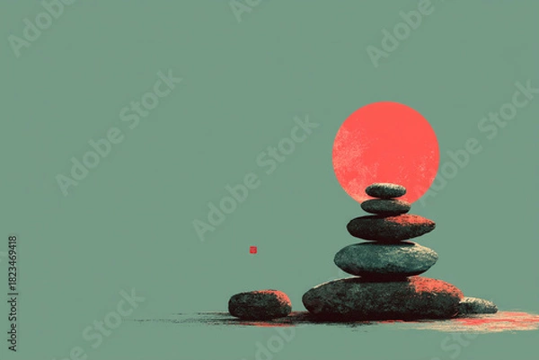 Fototapeta Minimalist Illustration of Balanced Stone Stack with Floating Stone, Sage and Coral Gradient, Zen Surreal Concept