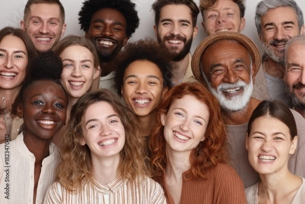 Fototapeta Diverse group of cheerful people smiling together in a brightly lit indoor setting with soft colors during a joyful gathering