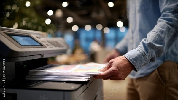 Obraz Office Worker Handling Documents at Printer in Modern Workspace