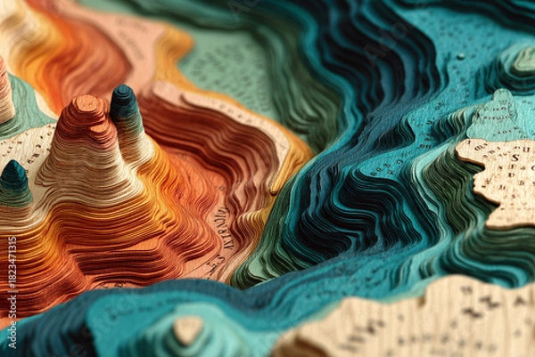 Fototapeta Topographic Map Illustration with Contour Lines, Coral Valleys to Sage Peaks, Emotional Landscape and Contemporary Data Visualization