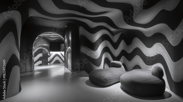 Obraz Monochromatic interior design with mesmerizing undulating wavy patterns covering walls and ceiling, creating a unique and visually dynamic lounge space with modern seating