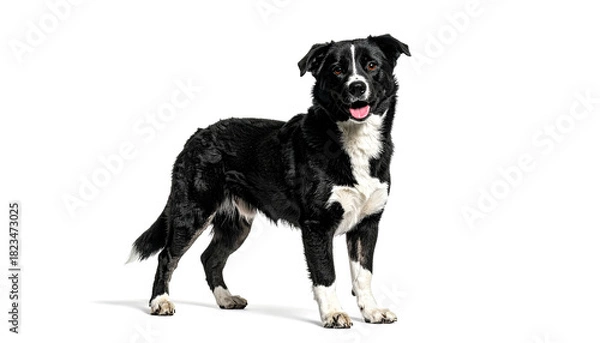 Fototapeta Border collie standing alert with black and white fur on a plain background