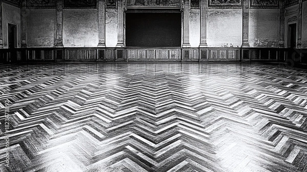 Obraz An empty ornate ballroom with a polished herringbone wooden floor reflecting the ambient light from the ceiling