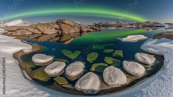 Obraz Greenland Landscape with Aurora Borealis A Natural Display Over Snow-Covered Rocks and Ice