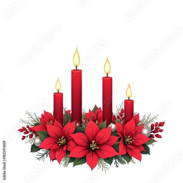 Obraz Four red candles lit and surrounded by poinsettia flowers pine branches white and red berries on white background