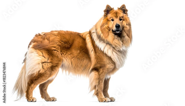 Fototapeta Rough collie standing alert looking forward on white background