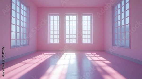 Obraz A vibrant pink empty room bathed in natural sunlight streaming through tall windows, creating a serene and minimalist interior with soft shadows and an ethereal, tranquil atmosphere