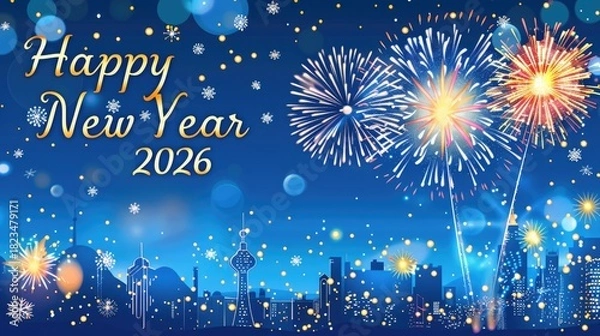 Fototapeta Modern Festive Background for New Year's Day 2026 Ad, Showcasing Nighttime City Skyline with Fireworks, "Happy New Year 2026" in Sleek Reflective Font, and Gentle Snowflakes for Celebratory Vibe