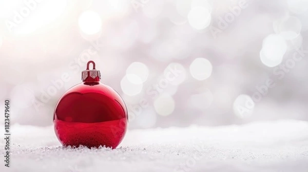 Fototapeta Minimalist Christmas Composition with Red Ornament on White Snowy Backdrop, Emphasizing Simplicity and Elegance for Brand Logo Integration in Poster Design