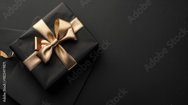 Fototapeta Modern Christmas Gift Wrapped with Golden Bow on Monochromatic Background, Ideal for Brand Logo Placement in Poster Design