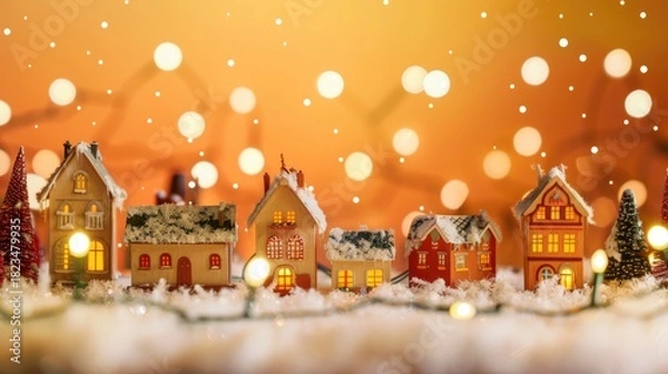 Fototapeta Festive Holiday Background with Cozy Winter Village, Twinkling String Lights, and Starry Sky, Creating a Warm and Inviting Atmosphere for Joyful Promotions