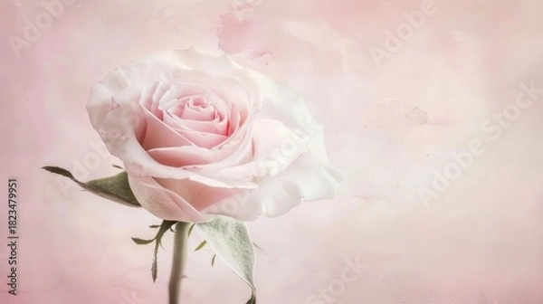 Fototapeta Minimalist Poster with Subtle Watercolor Texture and blooming White Rose, Blended with Soft Pastel Tones for a Serene and Refined Aesthetic