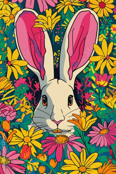 Fototapeta Vertical Pop-Art Illustration of Cheerful Rabbit Peeking from Hole in Vibrant Flower Meadow, Bold Comic Style with Neon Colors