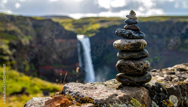 Fototapeta Stacked stone balanced on rock with waterfall and green landscape in background under cloudy sky