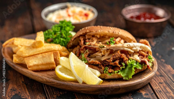 Fototapeta Crispy fried chicken sandwich with fresh lettuce and lemon slices served with golden fries and dipping sauces on wooden plate