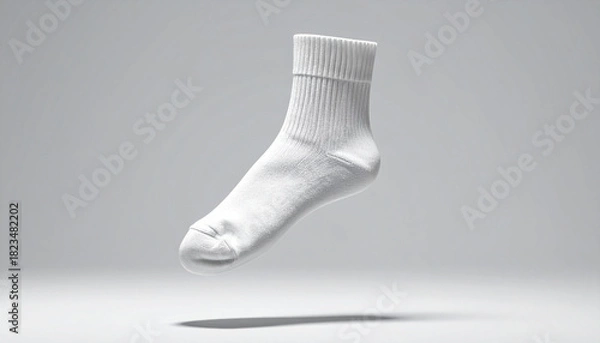 Obraz Floating white sock with ribbed cuff on neutral gray background, clean and minimal presentation.